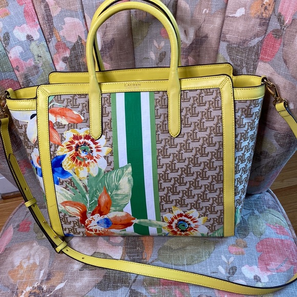 Ralph Lauren Tote Satchel Bag Floral Jacquard/Signature Logo NWT Retail $375